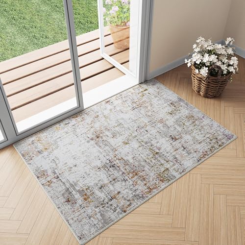 PureCozy Blue 2x3 Area Rug Washable Abstract Entryway Carpet Modern Neutral Non Slip Door Mat Soft Low Pile Contemporary Aesthetic Small Bedroom Throw Rug for Kitchen Laundry Dining Room