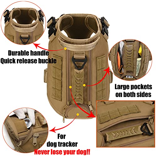 Tactical Dog Harness for Medium and Large Dogs No Pull Adjustable Dog Vest for Training Hunting Walking Military Dog Harness with Handle Service Dog Vest with Molle Panels Khaki,M,with 2 Pouches - Image 4