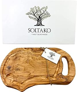 SOLTAKO Chopping Board, Olive Wood Cutting Board, Handmade Cheese Board, Olive Wood Serving Platter, Serving Board with Juice Groove, Sturdy Wooden Chopping Boards (Approx. 35-38x17-19cm)