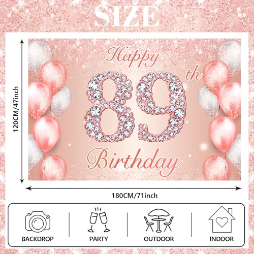 Image of Happy 89th Birthday Rose Gold Banner Cheers to 89 Years Old Backdrop Confetti Balloons Theme Decor for Women 89 Years Old Pink Birthday Party Decorations Bday Supplies Background Favors Gift Glitter