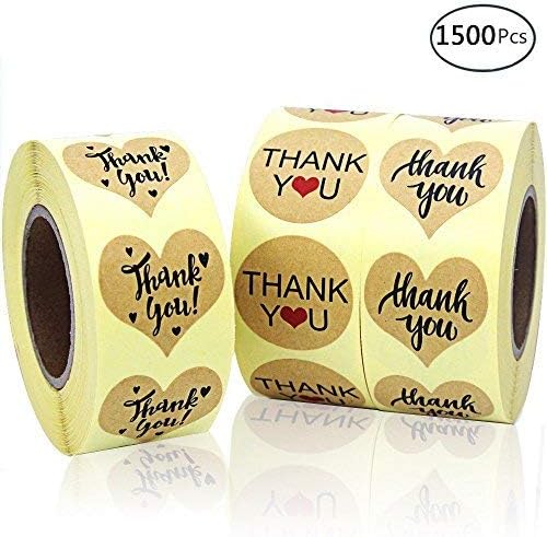 EOOUT 1500pcs Heart Shape Thank You Stickers, Kraft Paper Thank You Adhesive Labels , Heart and Round, 3 Patterns