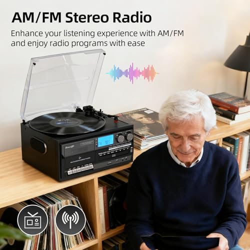 Image of Vinyl Record Player Built-in Speakers 10 in 1 Vintage Turntable with CD Cassette Tape AM FM Radio Function 3 Speed BT Input Output LP Player Support USB SD AUX RCA Playback Auto Stop Retro Wood Black