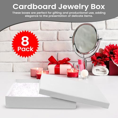 Novel Box 8 Pack White Jewelry Gift Box 7x5x1.25in with Cotton Filled | Cardboard Jewelry Box | Gift Boxes with Lids Made in USA | Boxes for Bracelet Necklace Ring Earrings - Thumbnail 3
