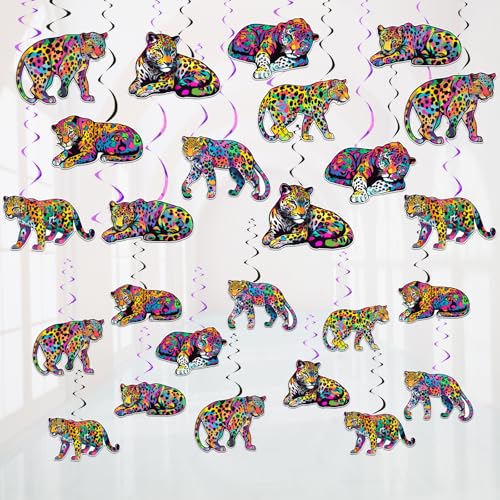 Wonmelody Lot de 24 décorations de guépard arc-en-ciel à suspendre au plafond, serpentins de plafond pour 1er 2e anniversaire, fête prénatale