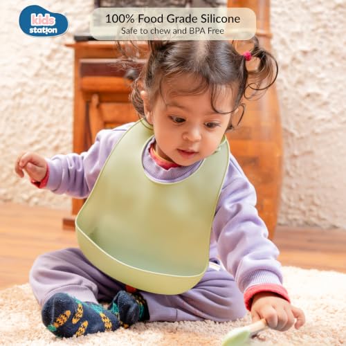 Image of Kids Station Silicone Baby Bib for Feeding & Weaning BPA Free, Soft Adjustable Neckline with Buttons, Washable & Reusable, Ideal for Babies & Toddlers 6 to 36 Months - Green