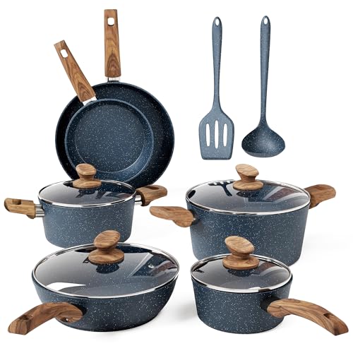 Kitchen Academy Topf und Pfannenset Topfset 12tlg Antihaft-Versiegelung Kochgeschirr Set mit Deckel, Töpfe und Pfannen set für Induktion, Gasherde und Mikrowelle, Blau