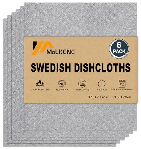Image of MoLKENE Swedish Dishcloths for Kitchen | 6 Pack Absorbent Cellulose Sponge Cloths Washable | Non-Scratch Reusable Paper Towels Quick Drying Cleaning Cloths - Grey