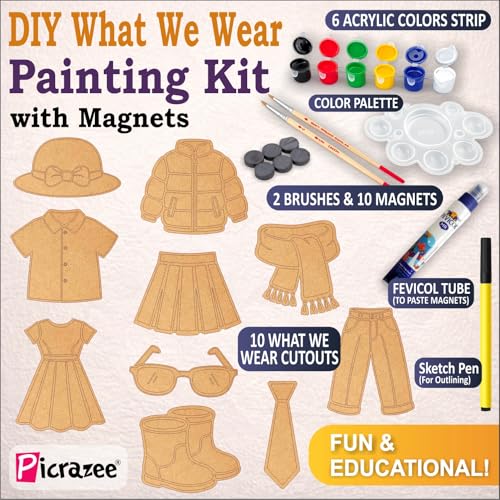 Image of Picrazee DIY Kit for Kids & Adults - What We Wear Fridge Magnet Painting Kit (10 Designs) | Ready-to-Paint 5.5 mm Thick Wooden DIY Craft Kit with Colors, Brushes & Magnets | Screen-Free Activity (What we Wear)