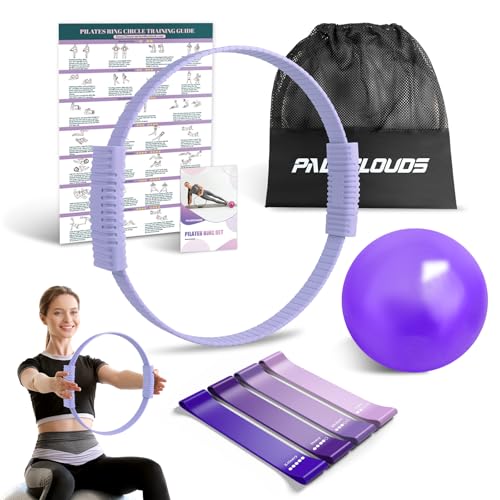 Paleclouds Pilates Ring Set, Pilates Essential Kit mit Magic Circle, 4 Pilates bänder, Miniball, Trainingsposter & Tragbarer Tasche, Pilates Ring Übungen für Core-Training für Frauen