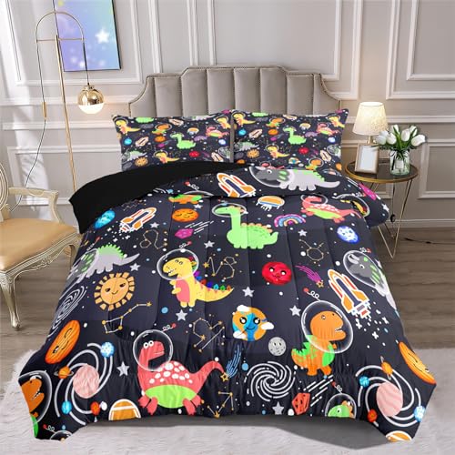 Boys Dinosaur Comforter Set Queen Size, 3Pcs Black Cartoon Dinosaur Bedding Set for Girls Kids Adults Bedroom Decor, Boys Comforter Set for All Season, Lightweight, 1 Quilt with 2 Pillowcases