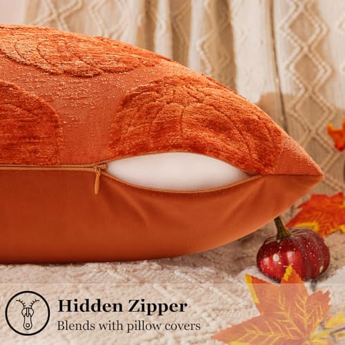 Image of decorUhome Decorative Rust Pumpkin Thanksgiving Throw Pillow Covers 18x18 Set of 2, Soft Chenille Jacquard Farmhouse Textured Pillow Covers for Couch Bed Sofa Autumn Harvest Halloween Holiday
