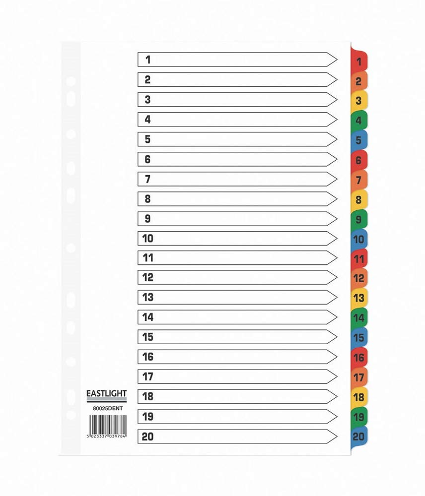 ValueX Index 1-20 A4 Card White 150gsm with Coloured Mylar Tabs -