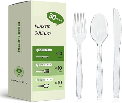 Plastic Silverware Set, 30-Piece Disposable Plastic Utensils for Parties, Clear Cutlery, Plasticware Forks, Spoons, Knives
