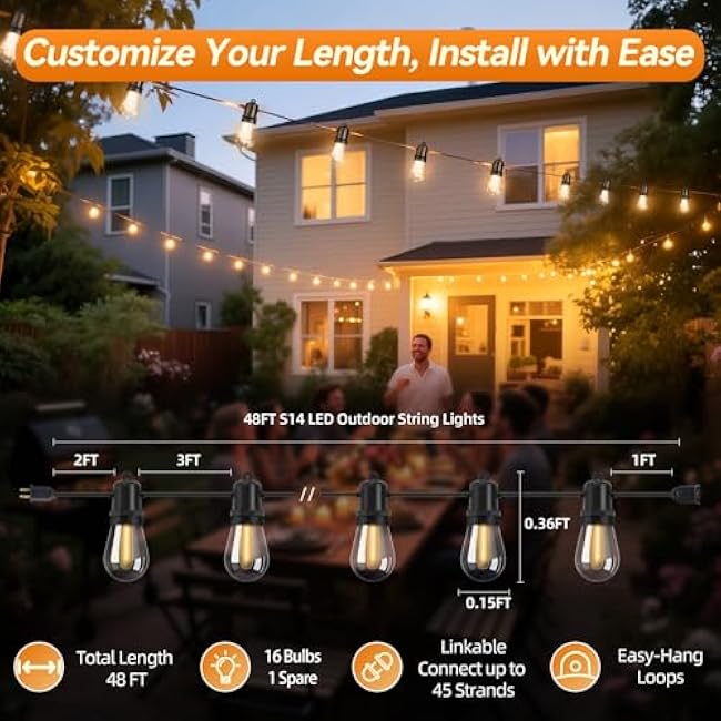48FT LED Outdoor String Lights Dimmable Shatterproof S14 Edison Bulbs IP44 Weatherproof Commercial Grade for Patio Backyard Garden Party D¨¦cor
