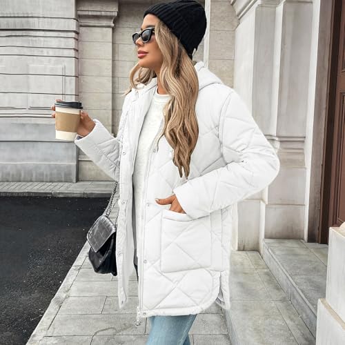 HOTIAN Womens Quilted Puffer Jackets Hooded Long Sleeve Full Zipper Casual Winter Lightweight Diamond Coats with Pockets(White-M)