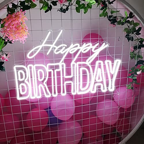 27.5 x 17 Inches Happy Birthday Large Neon Sign for Wall Decor With Dimmer Switch, 12V Reusable Light for All Party Decoration (27.56 x 17.32in+White)