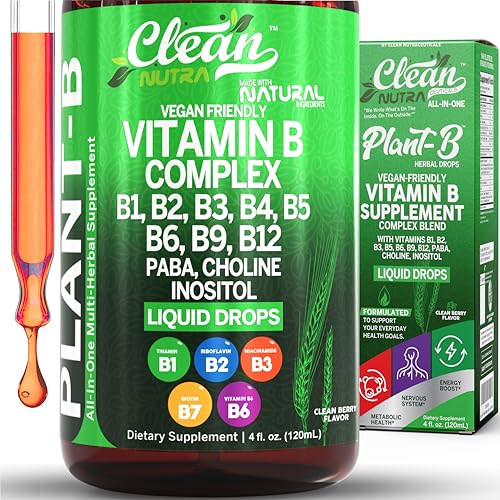 Vitamin B Complex Liquid Drops | Thiamine B1 B6 B2 B3 B4 B5 B7 B9 B12 Niacinamide Paba Choline Inositol Taurine Probiotics Beet Root Spirulina - Plant-B Vitamin Supplements by Clean Nutra