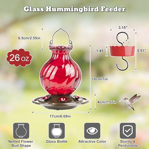 Image of Hummingbird Feeder, Auslar 26 Ounces Glass Hummingbird Feeders for Outdoors Hanging Ant and Bee Proof, Ant Moat & 5 Flower Feeding Ports, Rustproof, Leakproof, Netted Flower Bud Shape Bottle, Red