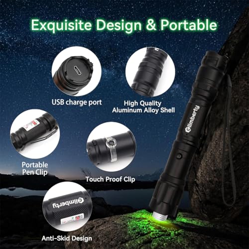 Image of Climberty Powerful LED Green Laser Pointer, Waterproof Flashlight, 10000m Long Range, USB Rechargeable, 8 Pattern Projection Suitable for Stargazing Teaching Hiking and Construction Sites
