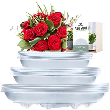Welfound 6+8+10 Inch 15 Pack Plant Saucers, Durable Flower Pot Water Tray for Indoors Outdoors Plnats, Clear Plant Drip Trays, Thicker, Stronger Plant Trays for Pots Made of PET Plastic(6"+8"+10")