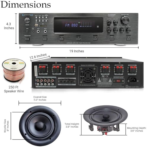 Image of Technical Pro Home Theater Sound System Kit - 6 Channel 6000 Watts Bluetooth Amplifier, 8 Qty of 8 inch Frameless Ceiling Speakers 300 W Each, 500 ft Speaker Wire & Remote Ideal for Home, Office