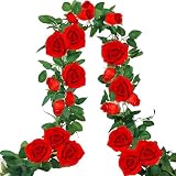 Ageomet 3pcs 19.5ft Red Rose Vines Artificial Floral Garland, Silk Fake Flower Vines Hanging Rose Ivy for Wedding Arch Garden Background Engagement Ceremony Reception Decor