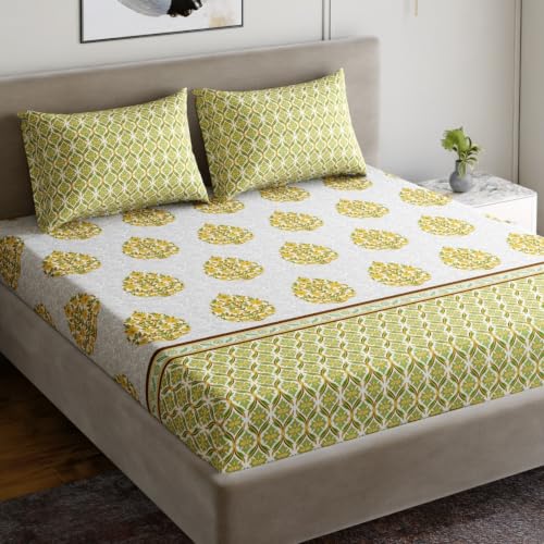 Image of Home Ecstasy 100% Cotton Double Bedsheet with 2 Pillow Covers - (Size 87 x 94 inches, 140 TC, Colour - Green)