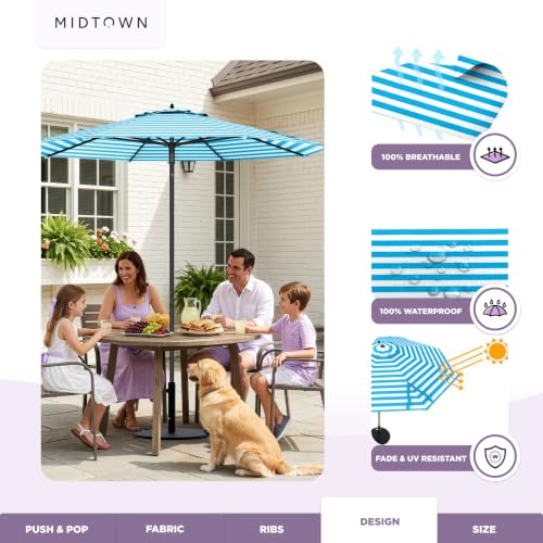 Image of Midtown Umbrellas Push and Pop - 9 Ft Patio Umbrella, Cobalt Stripes Canopy