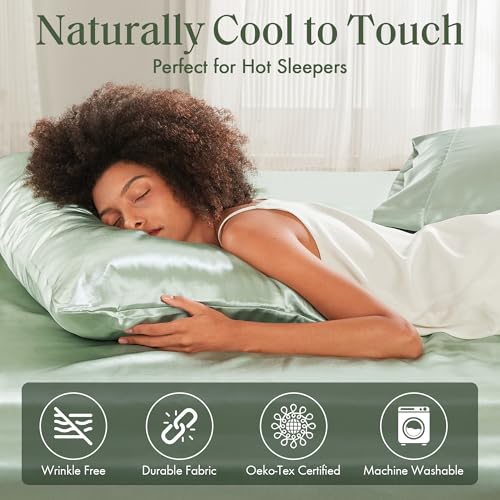 Image of Madison Park Essentials Satin Pillowcase Set of 2, Silky, Standard Sage | Pillowcase Cover for Hair & Skin, Luxuriously Soft, Natural Sheen Luster, Cool to Touch, Wrinkle-Free, Machine Washable