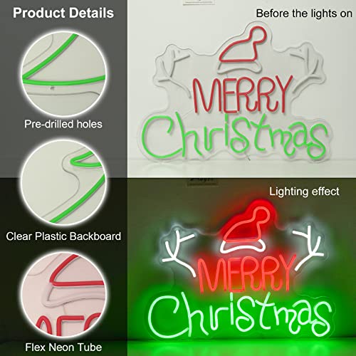Image of Neon Sign Merry Christmas Tree Neon Lights for Wall Decor LED Neon Light Signs LED Sign for Christmas Party Home Balcony Hanging Art Living Room 23.62x17.32 IN (with Tree Branch and Hat)