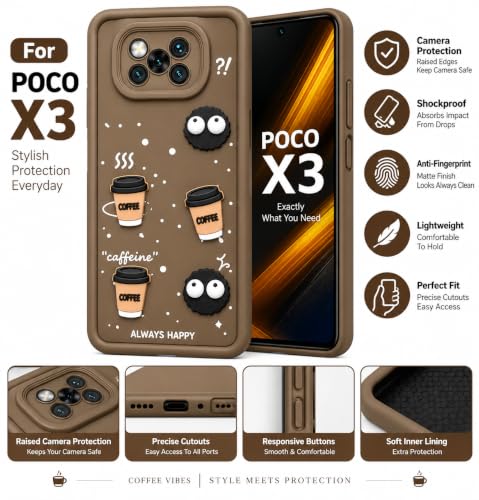 Image of Bintage Back Cover Compatible for Poco X3 / Poco X3 Pro | Cute Fun Ball | 3D Taddy Smiley Coffee | Milk Case | Full Body Protection - Brown