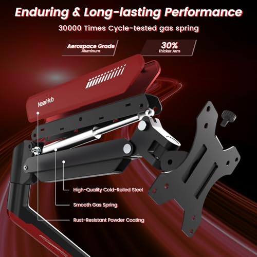 Image of NearHub Gaming Monitor Mount for Computer Screen 13-32 inch and up to 22 lbs,360 Rotation,+90 to -45 Tilt,180 Swivel,with C Clamp and Grommet Base,Integrated Cable Management,75x75 /100x100 VESA,RED