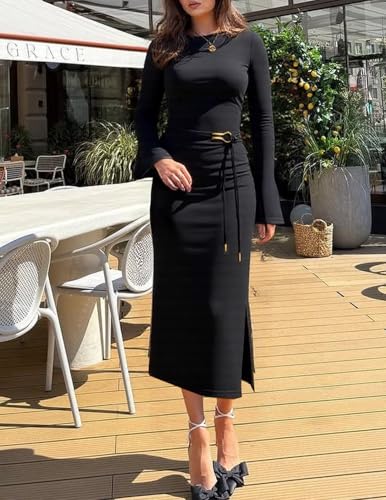 ZESICA Fall Dresses for Women 2025 Elegant Classy Long Sleeve Business Casual Bodycon Slit Midi Dress with Belt4
