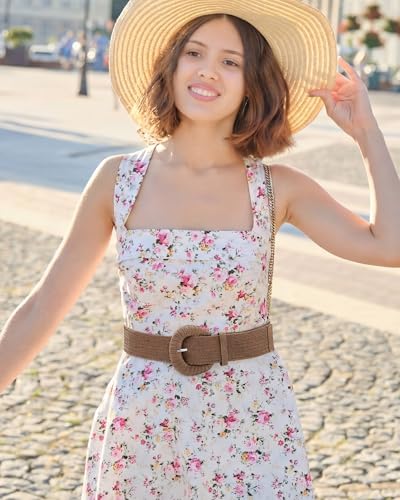 Image of WILLBOND 4 Pcs Women's Elastic Raffia Woven Belt, Boho Rattan Buckle Stretch Straw Wide Waist Belt for Dresses Jeans Pants