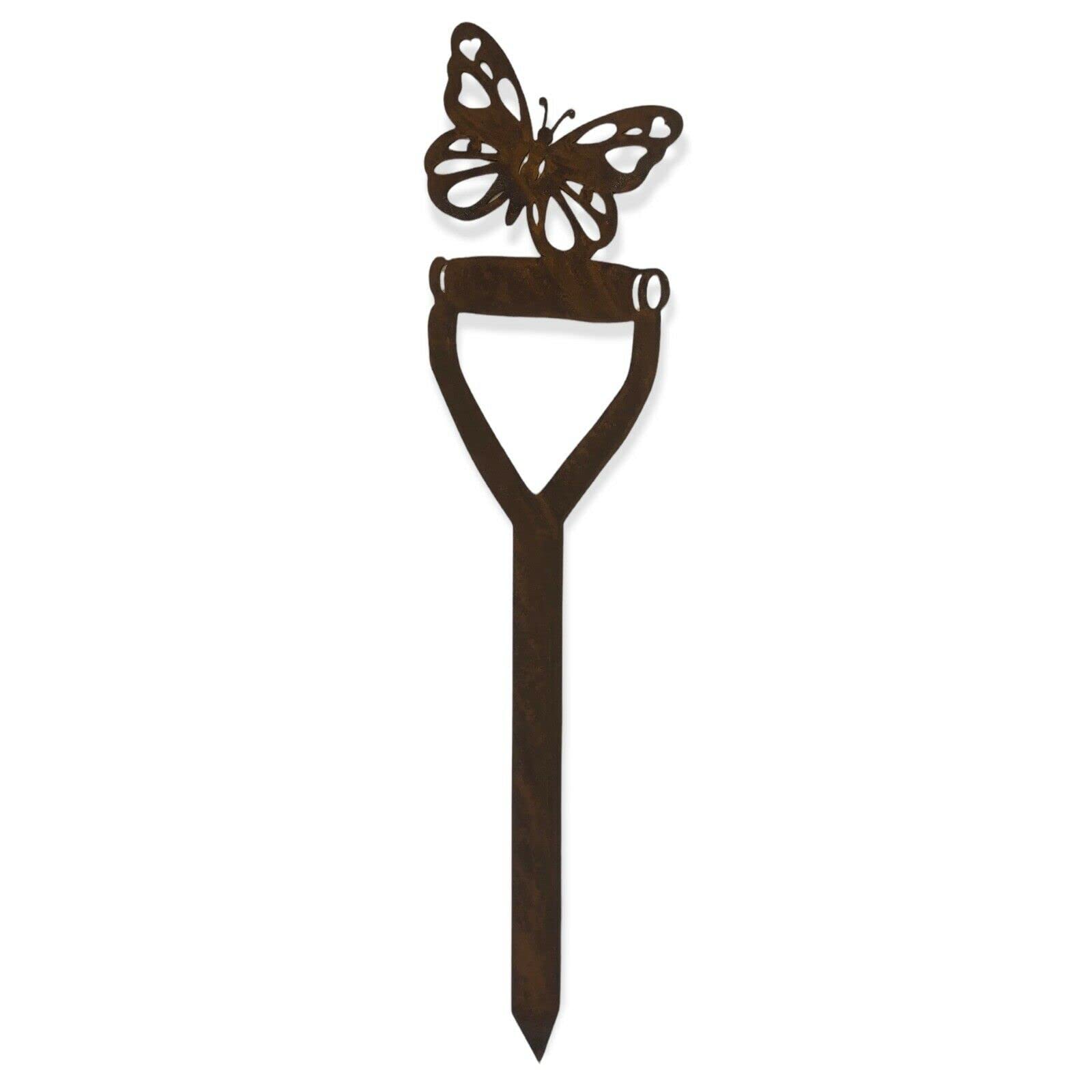 Cartel de jardín de metal oxidado artesanal con elegante figura de mariposa
