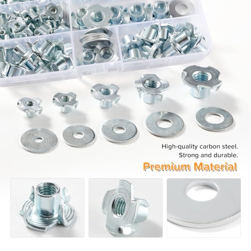 Lyeteung 85 Stücke M4/M5/M6/M8/M10 Einschlagmuttern Set, Vier-Prong Nüsse, 4-Zinken-T-Nut-Muttern, mit 22 Stücke Unterlegscheiben, für Holz, Schränke, Möbel
