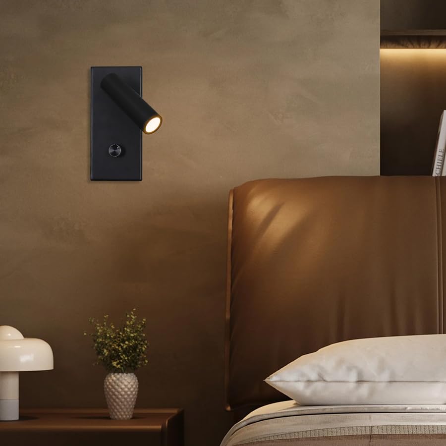 LED Wandleuchte, 5W Warmweiß, Dimmbar mit Drehknopf, Einbaumontage, Matte Schwarz, Leselampe fürs Schlafzimmer