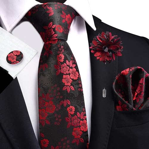 Image of GUSLESON 3.15 inch(8cm) Mens Floral Tie and Lapel Pin Necktie Hankerchief Cufflinks Set for Men
