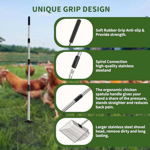 Image of 15inch Large Chicken Poop Scooper, 24 to 68'' Coop Scoop with Stainless Steel Handle, Sand Sifter Shovel, 4 in 1 Multifunctional Heavy Duty Chicken Coop Shovel, Large Litter Scooper