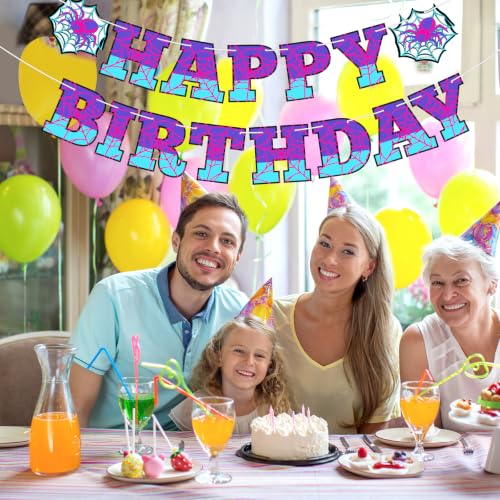 Image of Oudain Spider Theme Birthday Banner Pre-strung Web Flags,Purple Blue