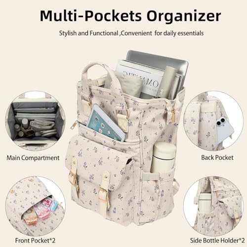 Image of Corduroy Laptop Backpack for Women 15.6 Inch Stylish College School Bookbag, Business Work & Travel Computer Backpacks (Floral Purple)