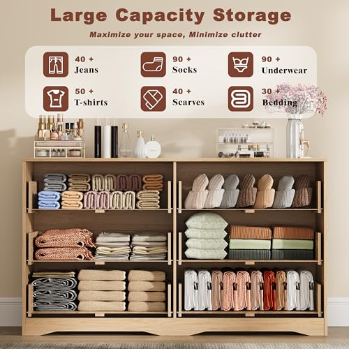 Image of Fluted 6 Drawer Dresser for Bedroom, 55 inch Wide Modern Wooden Chest of Drawers with Metal Handles, TV Stand & Closet Storage Organizer for Living Room,Hallway, Natural Wood