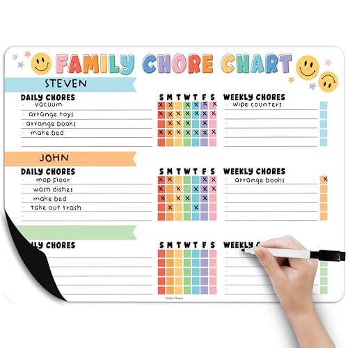 Hadley Designs Magnetic Chore Chart for Kids Multiple - Chores Board for Refrigerator, Dry Erase Task Chart for 2 Kids Daily Behavior, Family Weekly Planner for Teen and Adults, Retro Chore Board