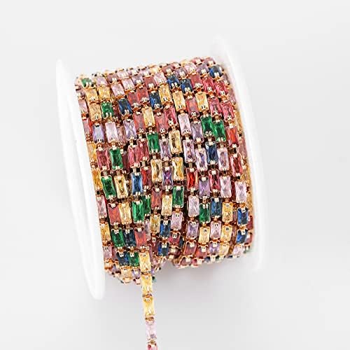 YoungJewl 2 Yards Zircon Crystal Floating Rhinestones Trim Close Chain Rectangle Beaded Trim for Sewing Craft DIY Decoration（2.5X5MM Rainbow）