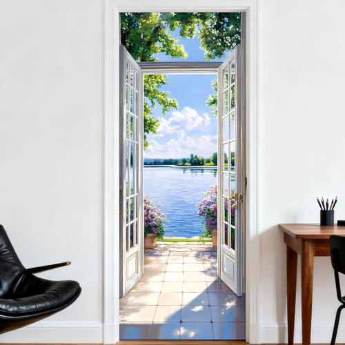 Image of Nuxovilar Scenic Lake Door Stickers Peel Stick PVC 30.3x78.7 in