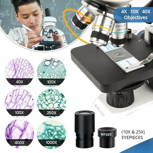 Image of AmScope M158C-2L-E1 Digital Cordless Compound Monocular Microscope, WF10x and WF25x Eyepieces, 40x-1000x Magnification, Upper and Lower LED Illumination with Rheostat, Brightfield, Single-Lens Condenser, Coaxial Coarse and Fine Focus, Plain Stage, 110V or Battery-Powered, Includes 1.3MP Camera and Software