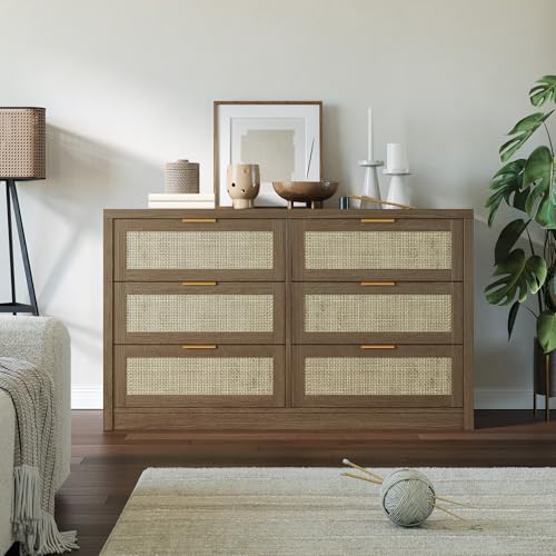 6 Drawer Dresser for Bedroom, 52.7" Wide Rattan Dresser, Wooden with Gold Handles, Farmhouse Tv Stand Entryway Table, Modern Chest of Drawers for Living Room, Entryway