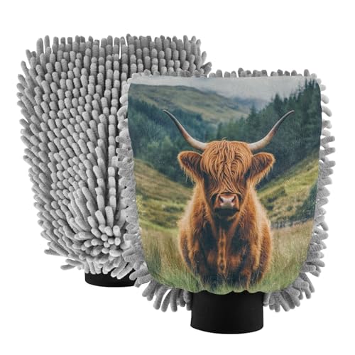 Flradish 2 Pack Highland Cow Car Wash Mitt Chenille Microfiber Lint-Free Scratch Free Ultra-Soft Absorbent Car Wash Mitt 10.2x7.09 Inch