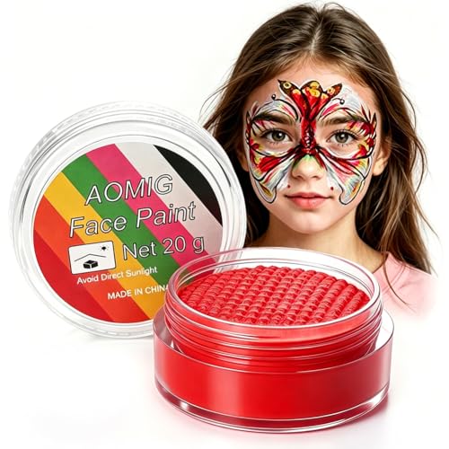 Aomig Face Body Paint Water Based Face Body Makeup Professional Face Palette Paint Single Cake Makeup Pigment Face Painting Supplies for Halloween Christmas Drama Stage Performance(Bright Red)