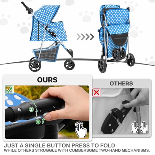 Image of MoNiBloom 3 Wheels Pet Dog Cat Stroller for Small Medium Dogs Cats, Foldable Jogger Stroller w /Storage Basket and Cup Holder, Sky Blue Polka Dots